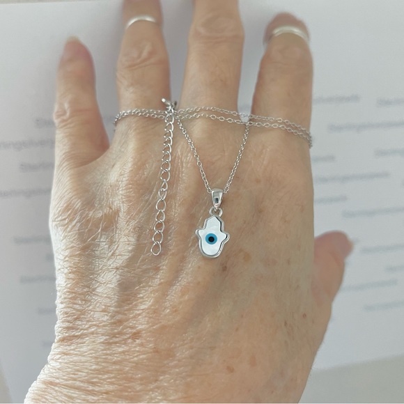 Sterling Silver Mother of Pearl Blue Evil Eye Hamsa Necklace, Silver Necklace - Picture 2 of 11
